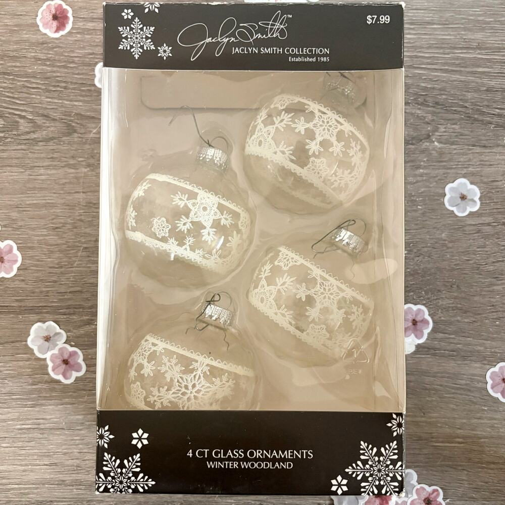 Jaclyn Smith Winter Wonderland Clear Glass Ball Ornaments w/ White Lace Frosting